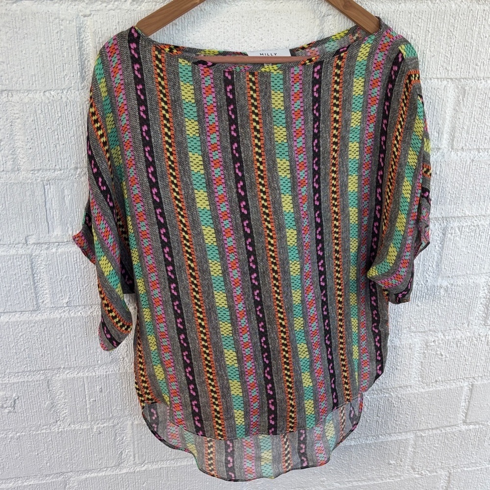 Milly Silk Neon Multicolor Striped Blouse sz S